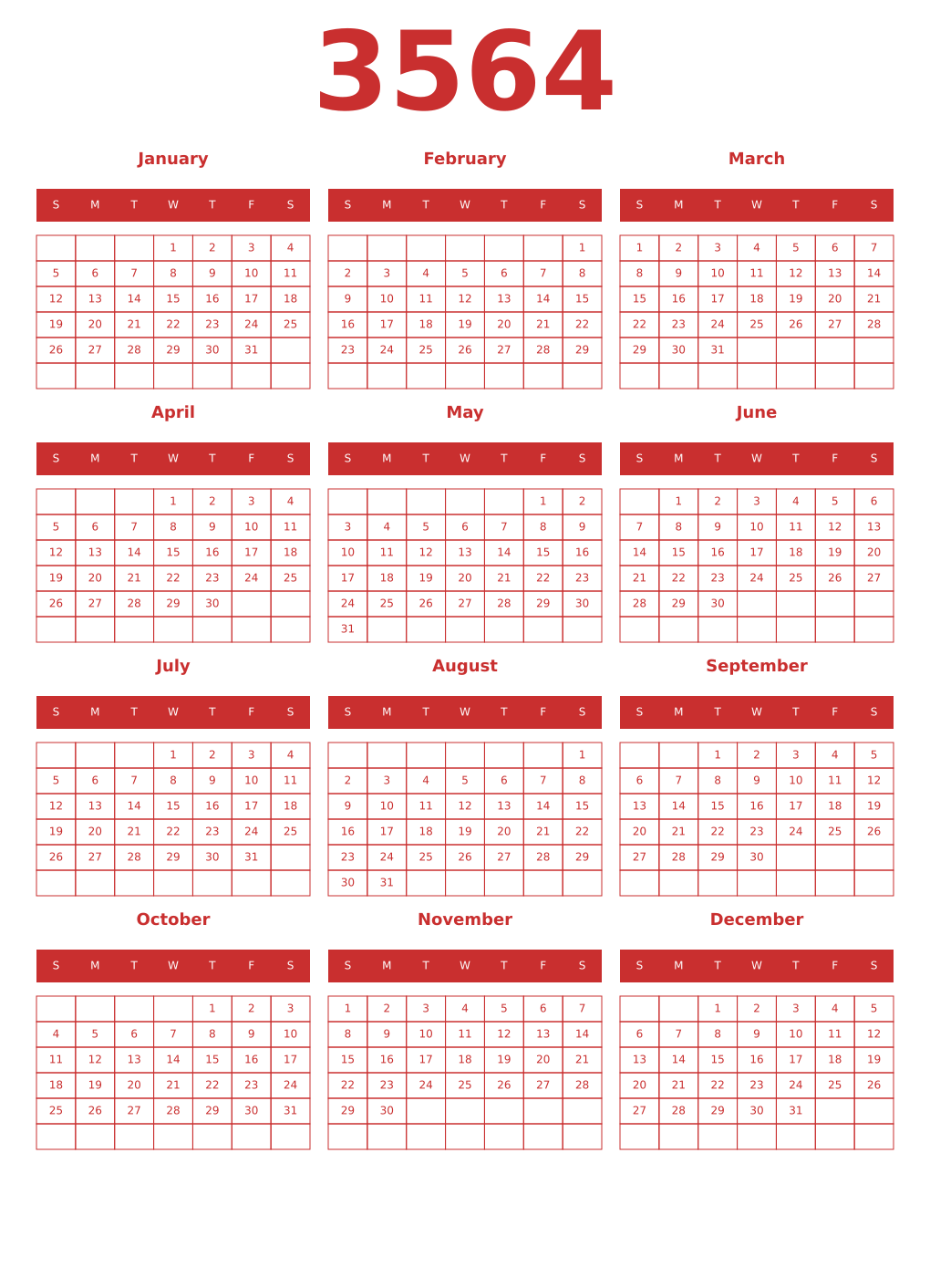 Printable 3564 Year Calendars red