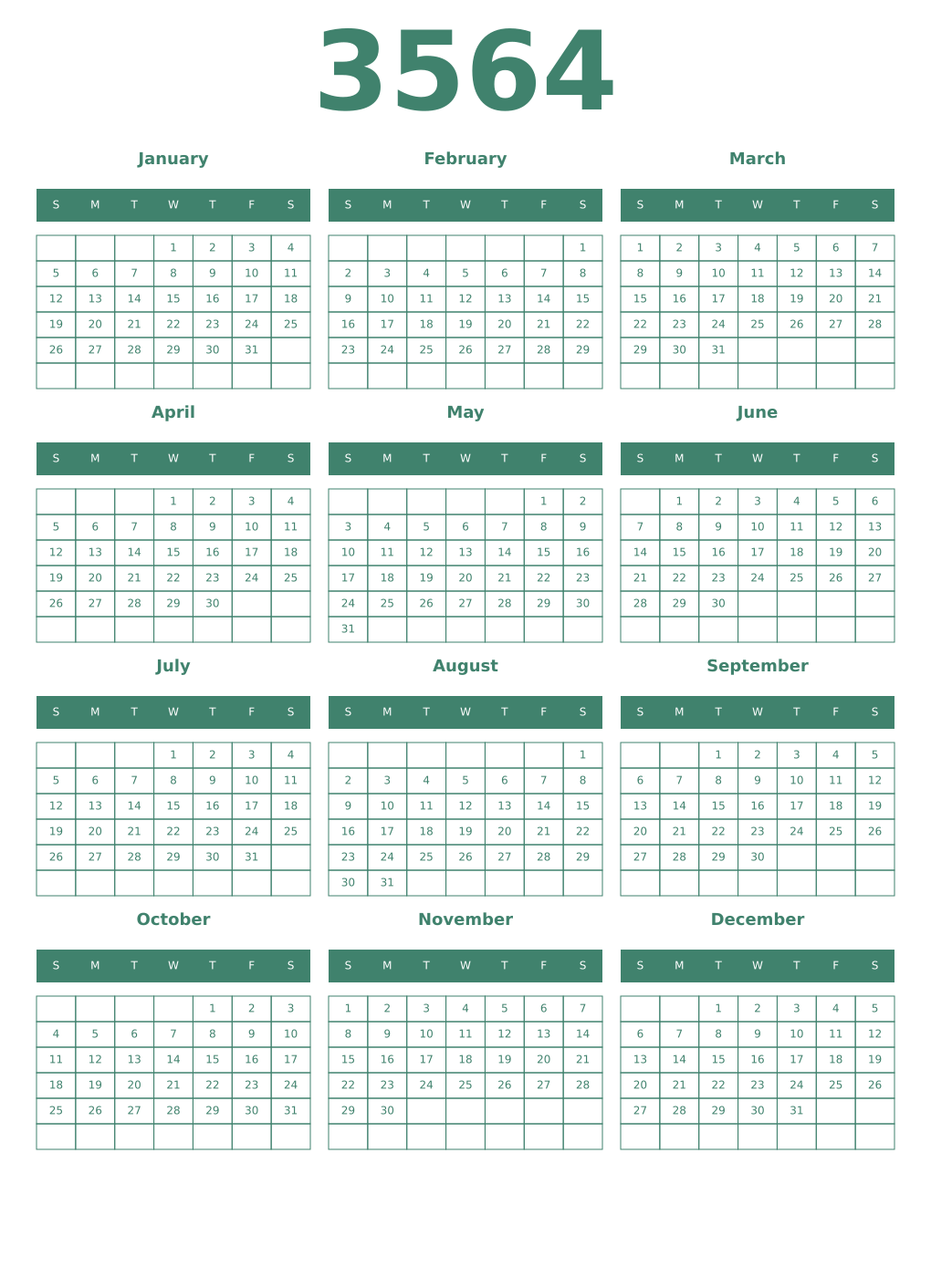 Printable 3564 Year Calendars viridian