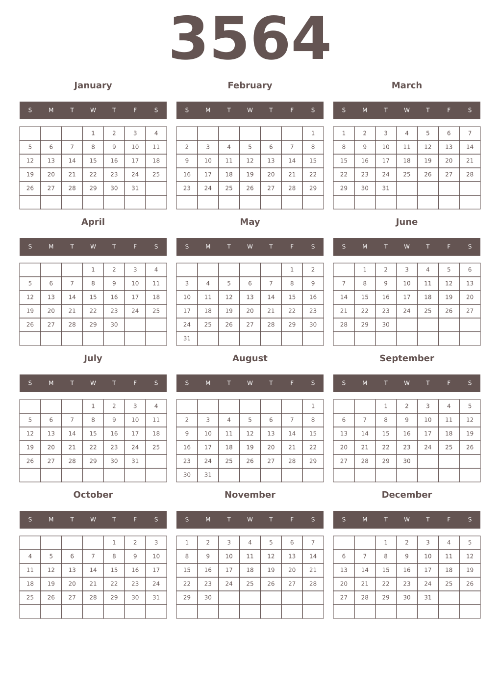 Printable 3564 Year Calendars wenge