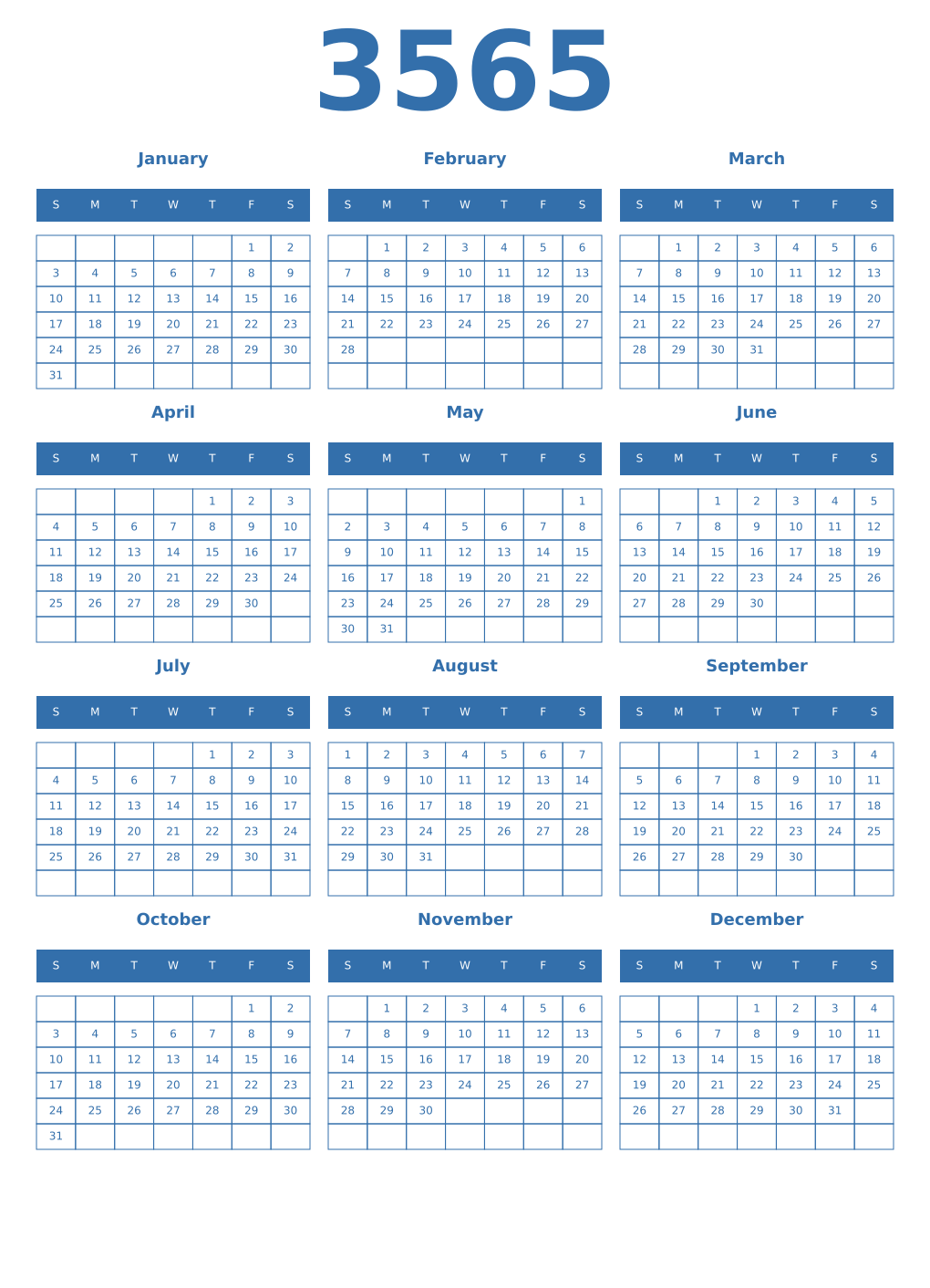 Printable 3565 Year Calendars blue