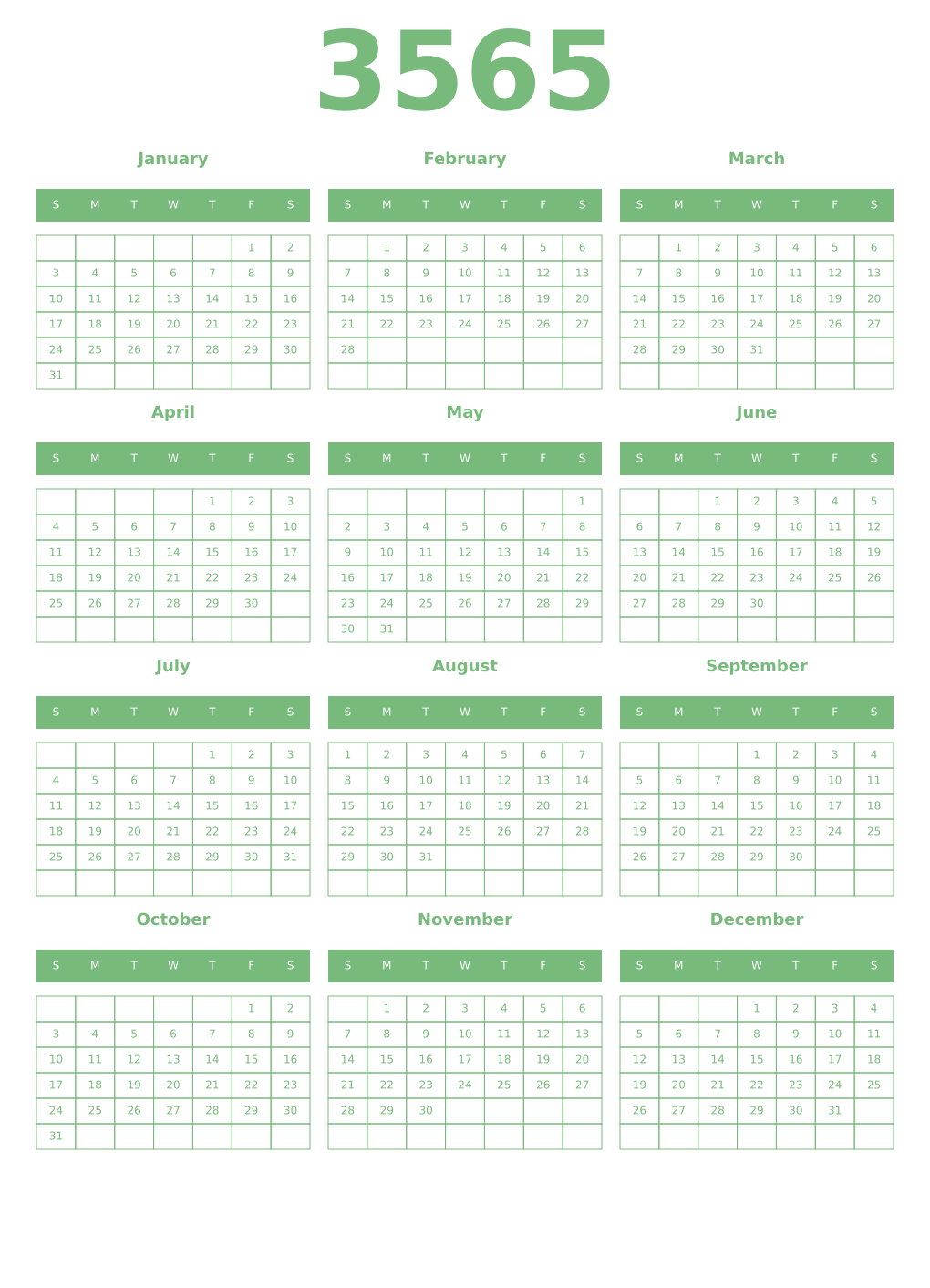 Printable 3565 Year Calendars celadon