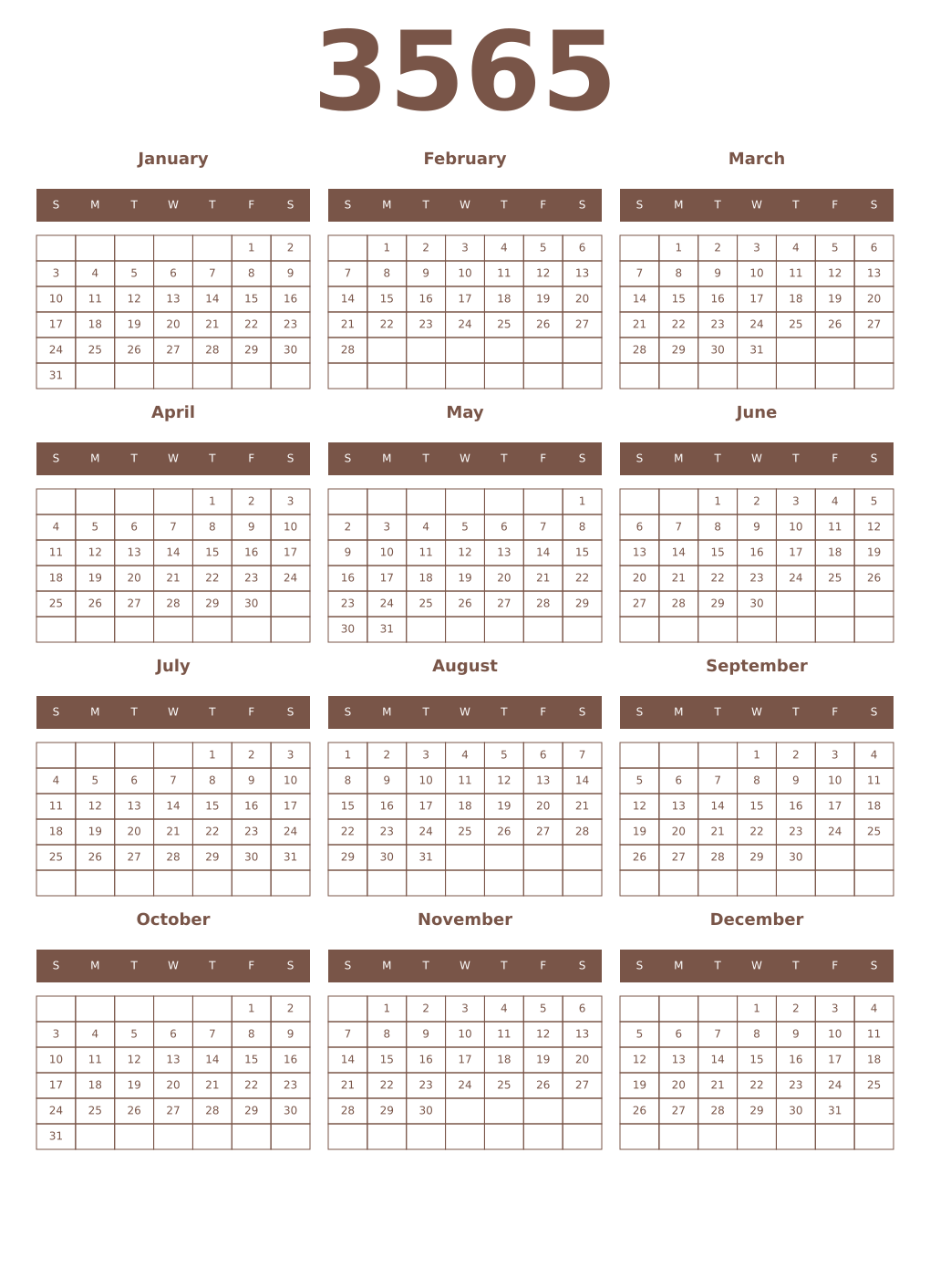 Printable 3565 Year Calendars coffe