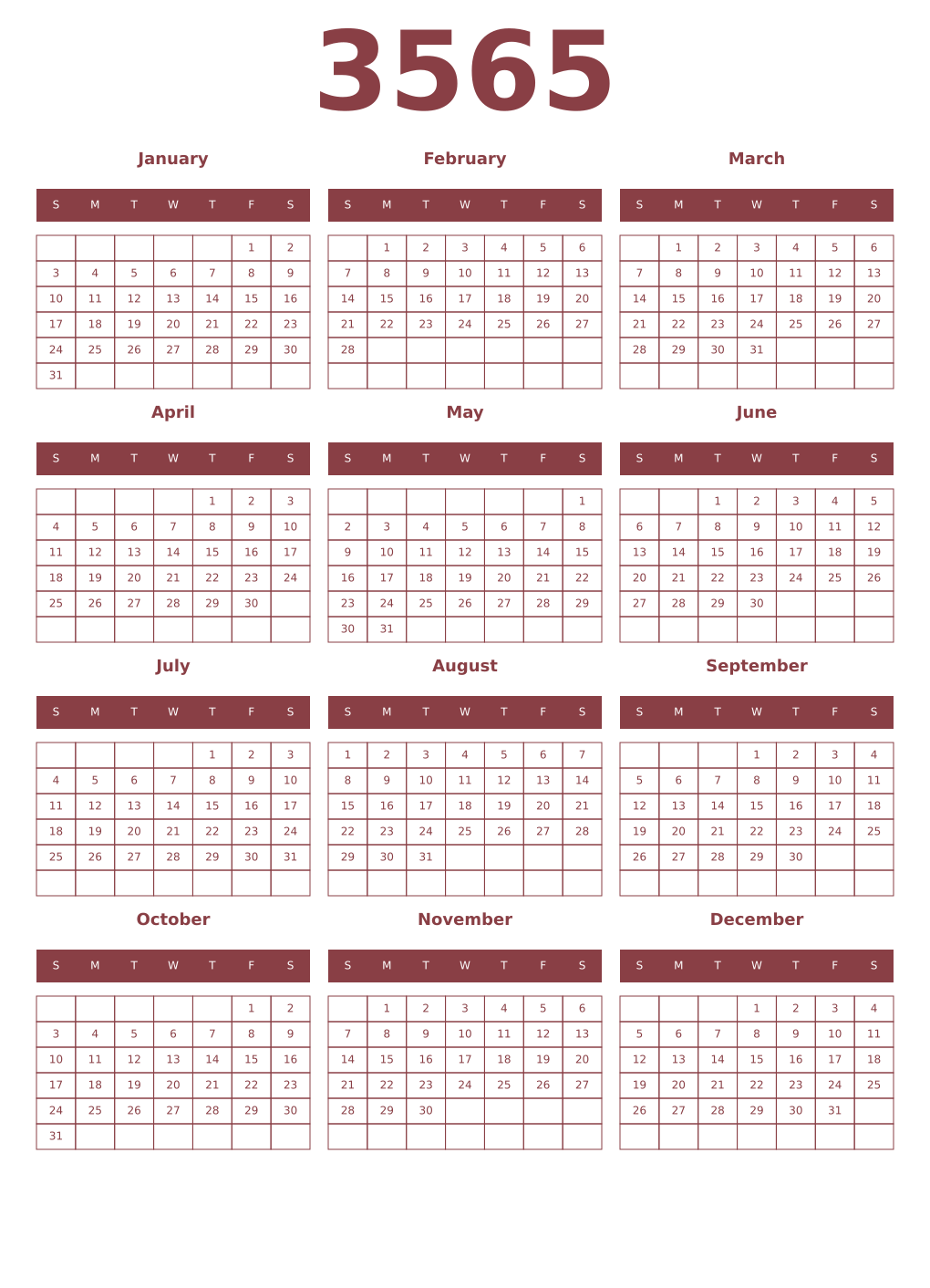 Printable 3565 Year Calendars cordovan