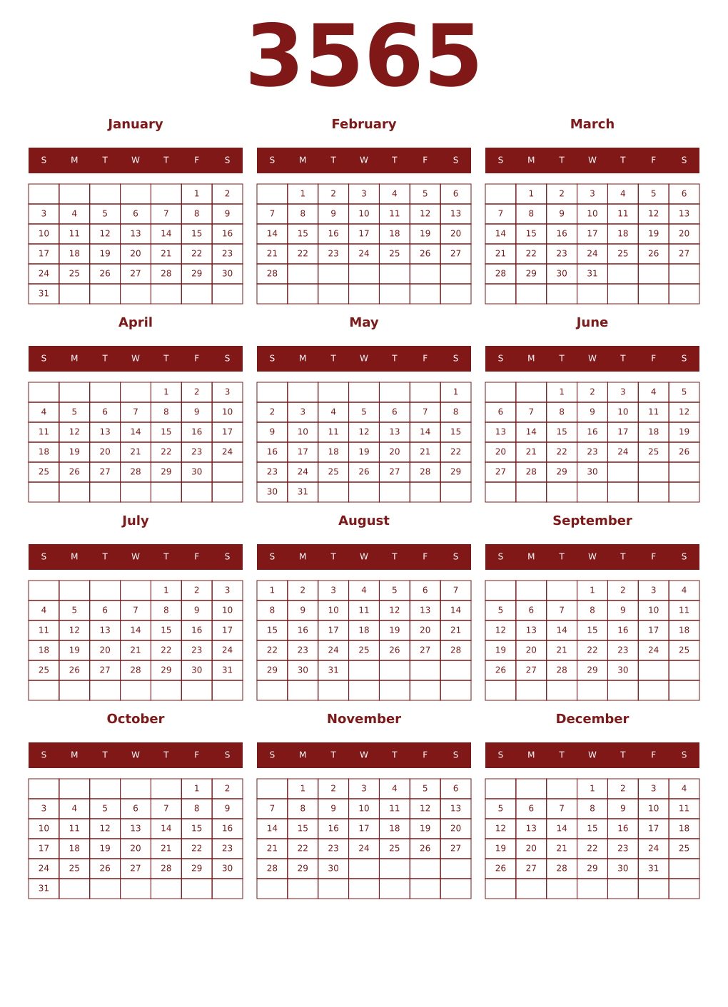 Printable 3565 Year Calendars falu