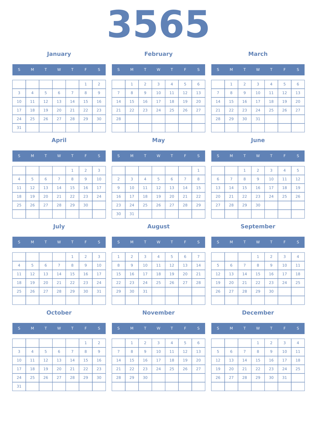 Printable 3565 Year Calendars glaucous