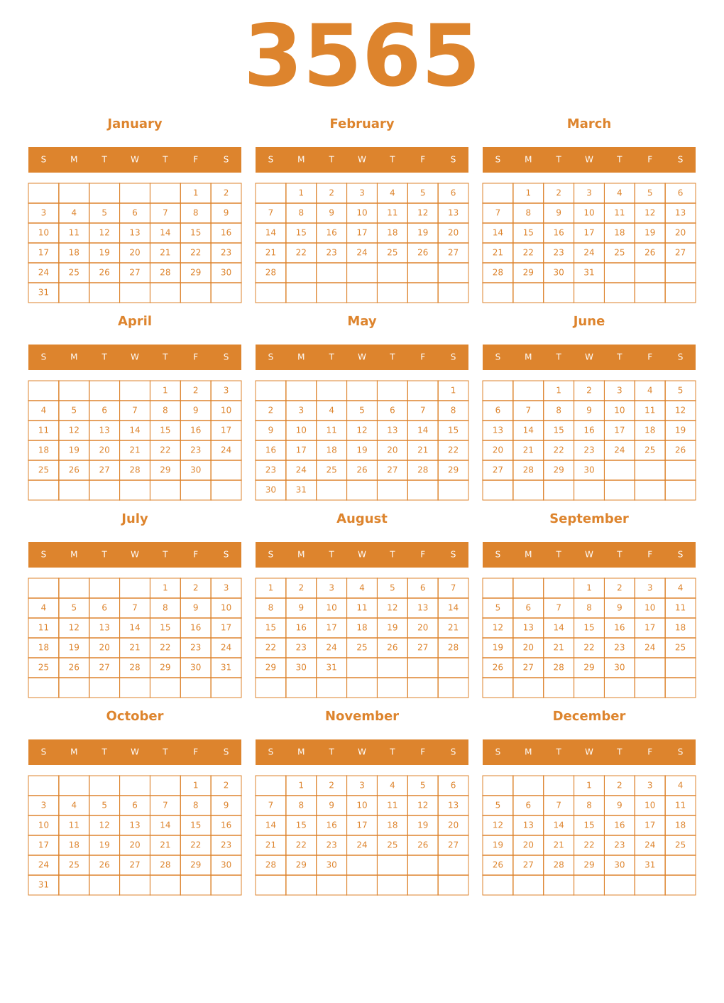 Printable 3565 Year Calendars orange