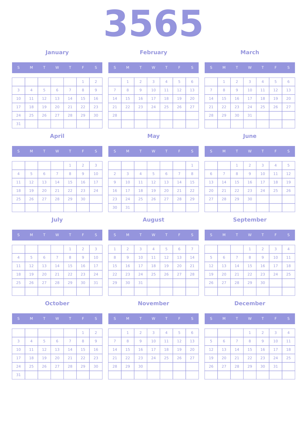 Printable 3565 Year Calendars periwinkle