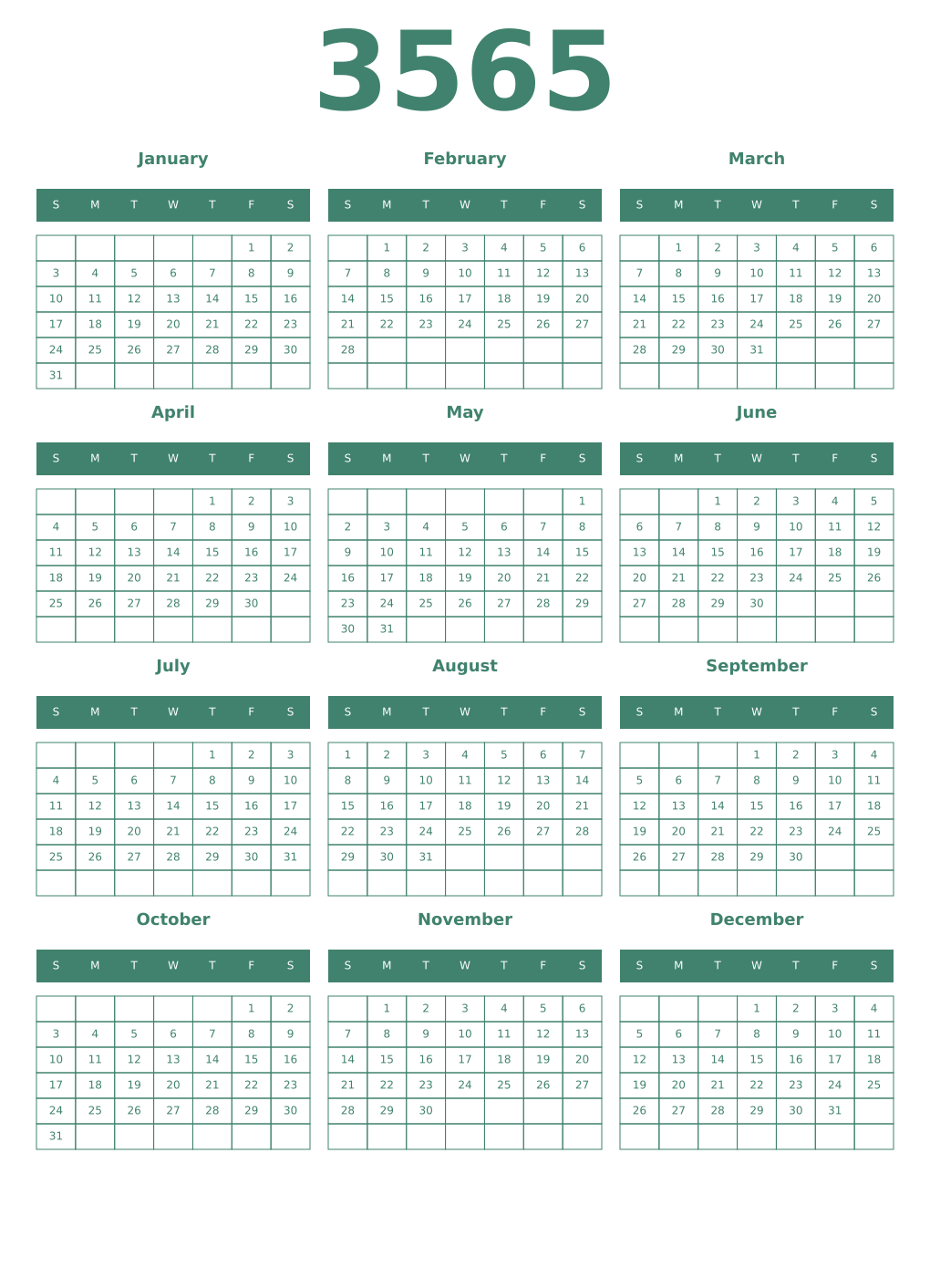 Printable 3565 Year Calendars viridian