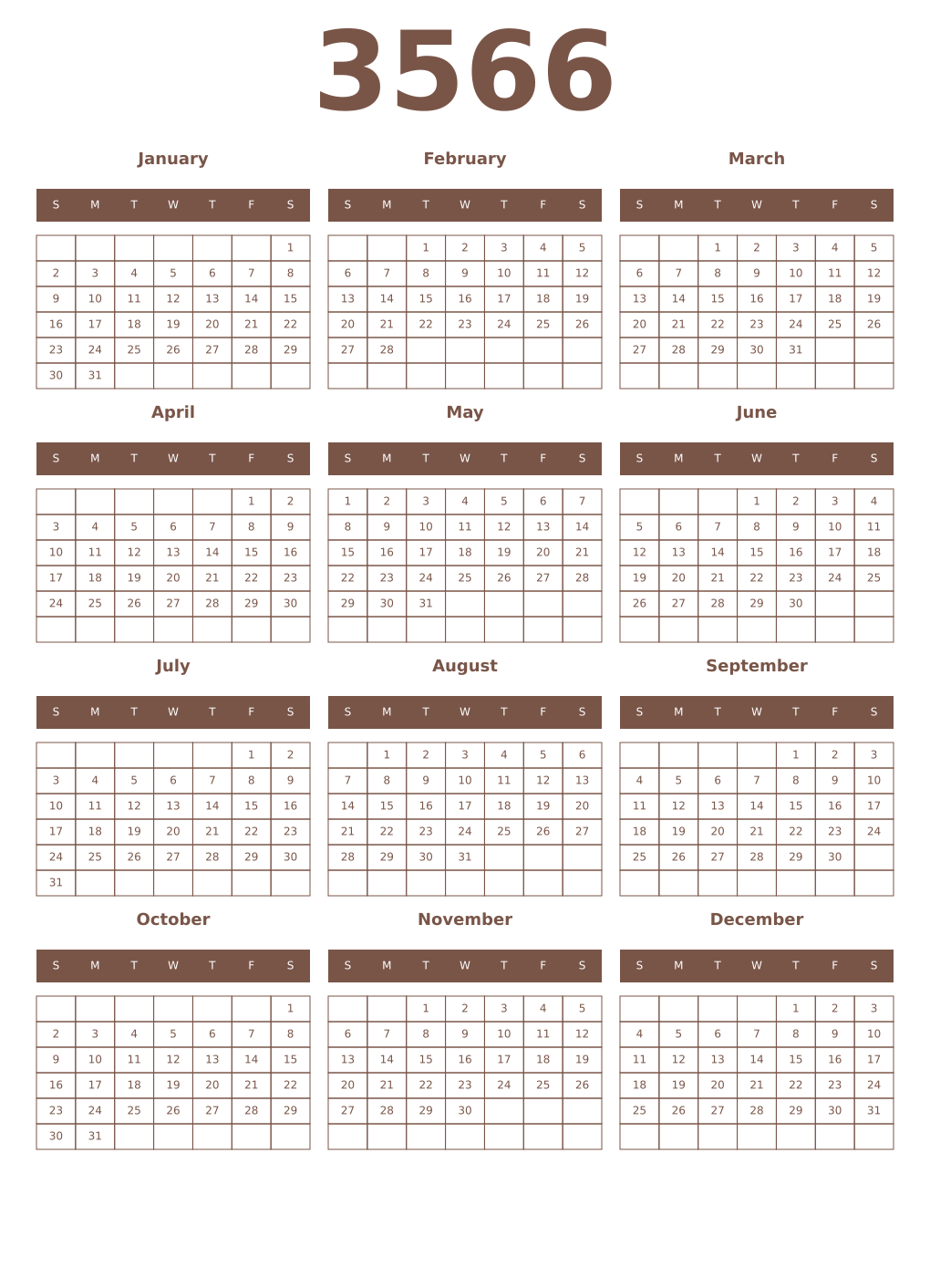 Printable 3566 Year Calendars coffe