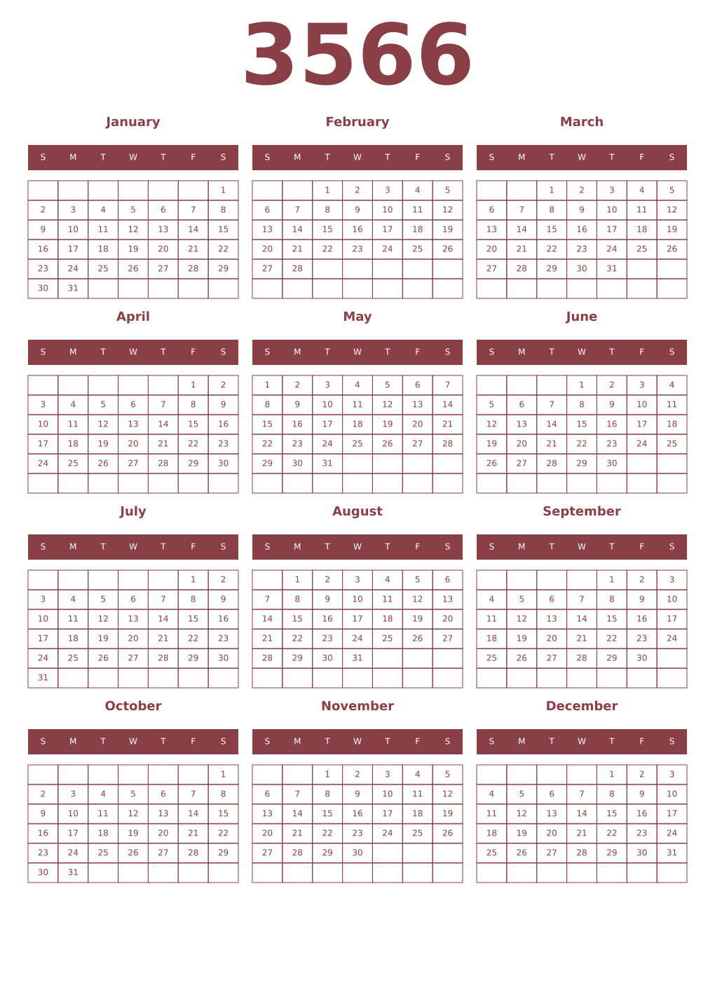 Printable 3566 Year Calendars cordovan