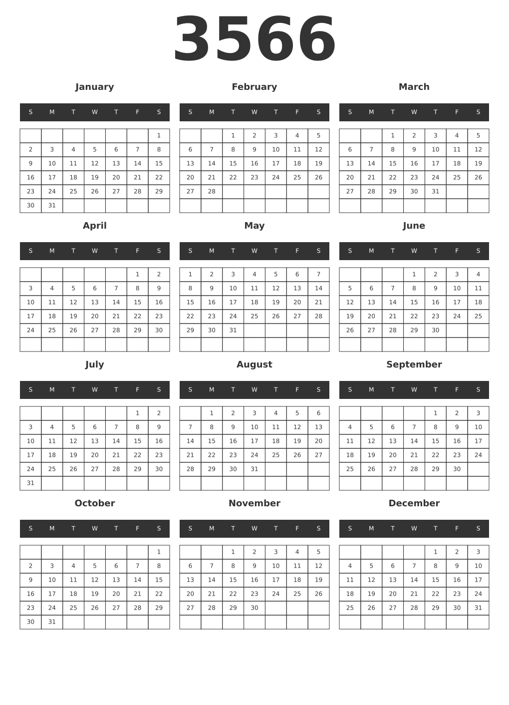 Printable 3566 Year Calendars dark