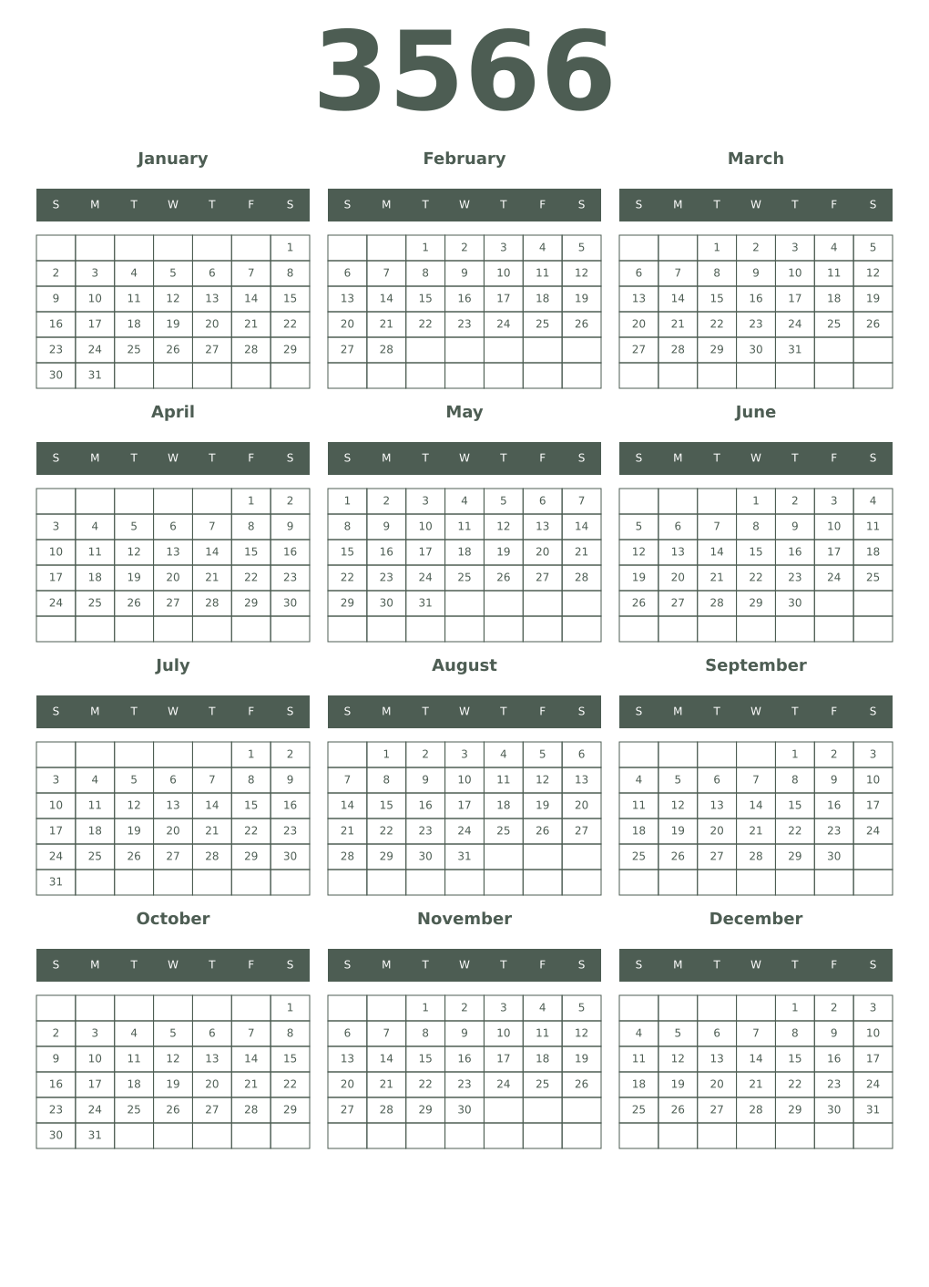 Printable 3566 Year Calendars feldgrau