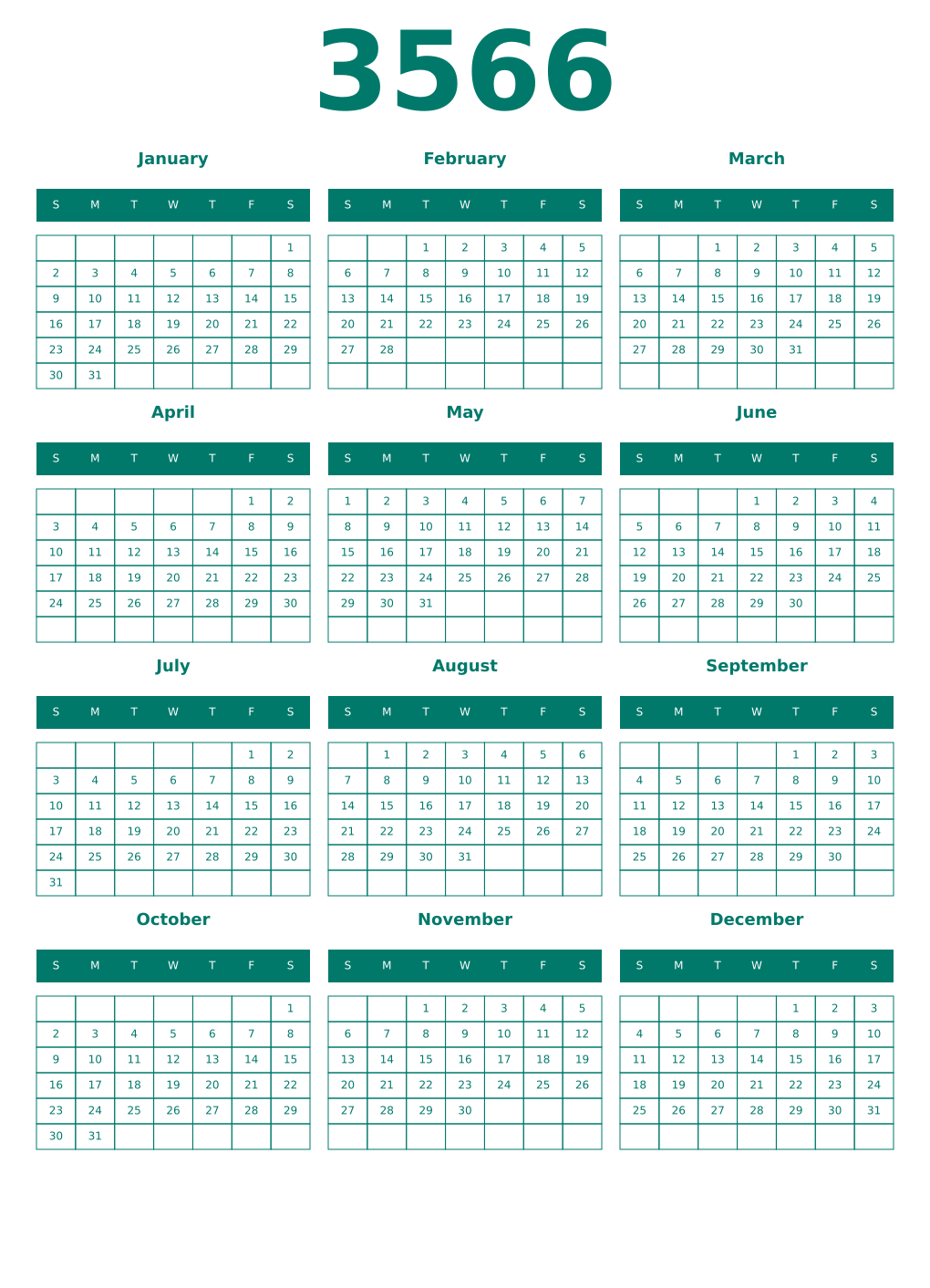 Printable 3566 Year Calendars pastel