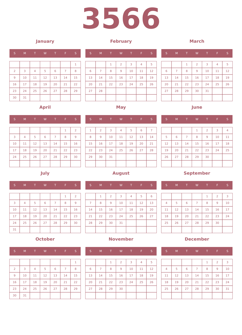 Printable 3566 Year Calendars puce