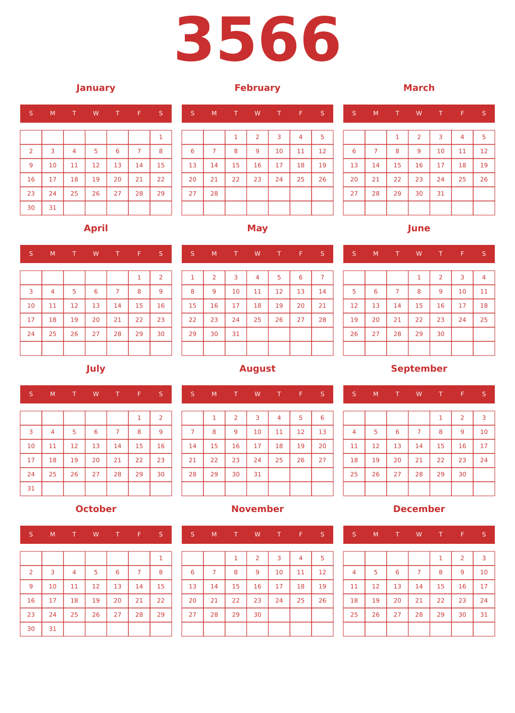 Printable 3566 Year Calendars red