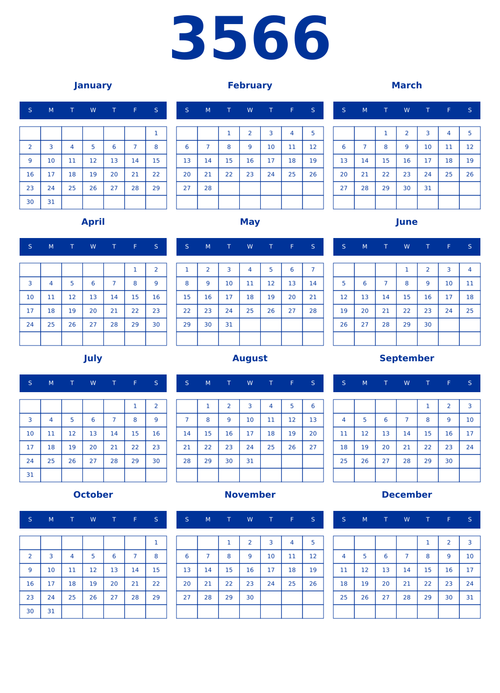 Printable 3566 Year Calendars smalt
