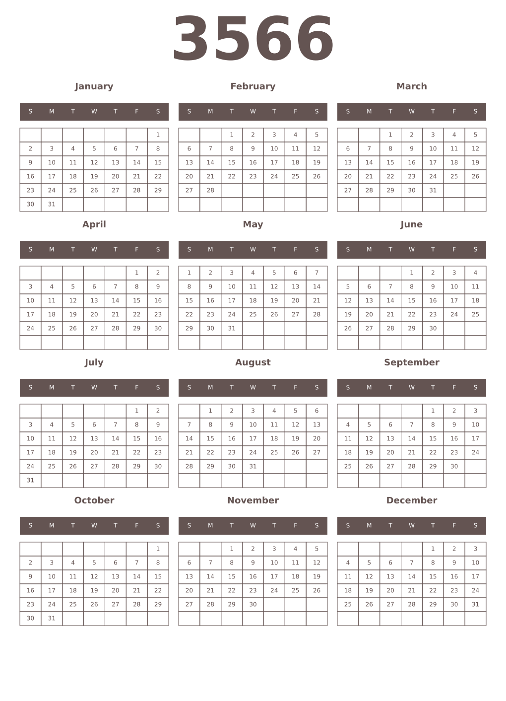 Printable 3566 Year Calendars wenge