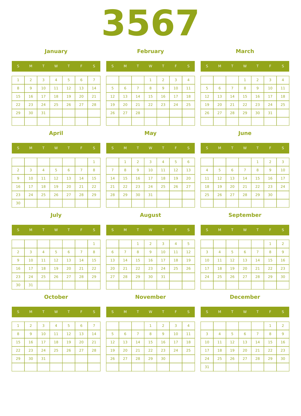 Printable 3567 Year Calendars chartreuse