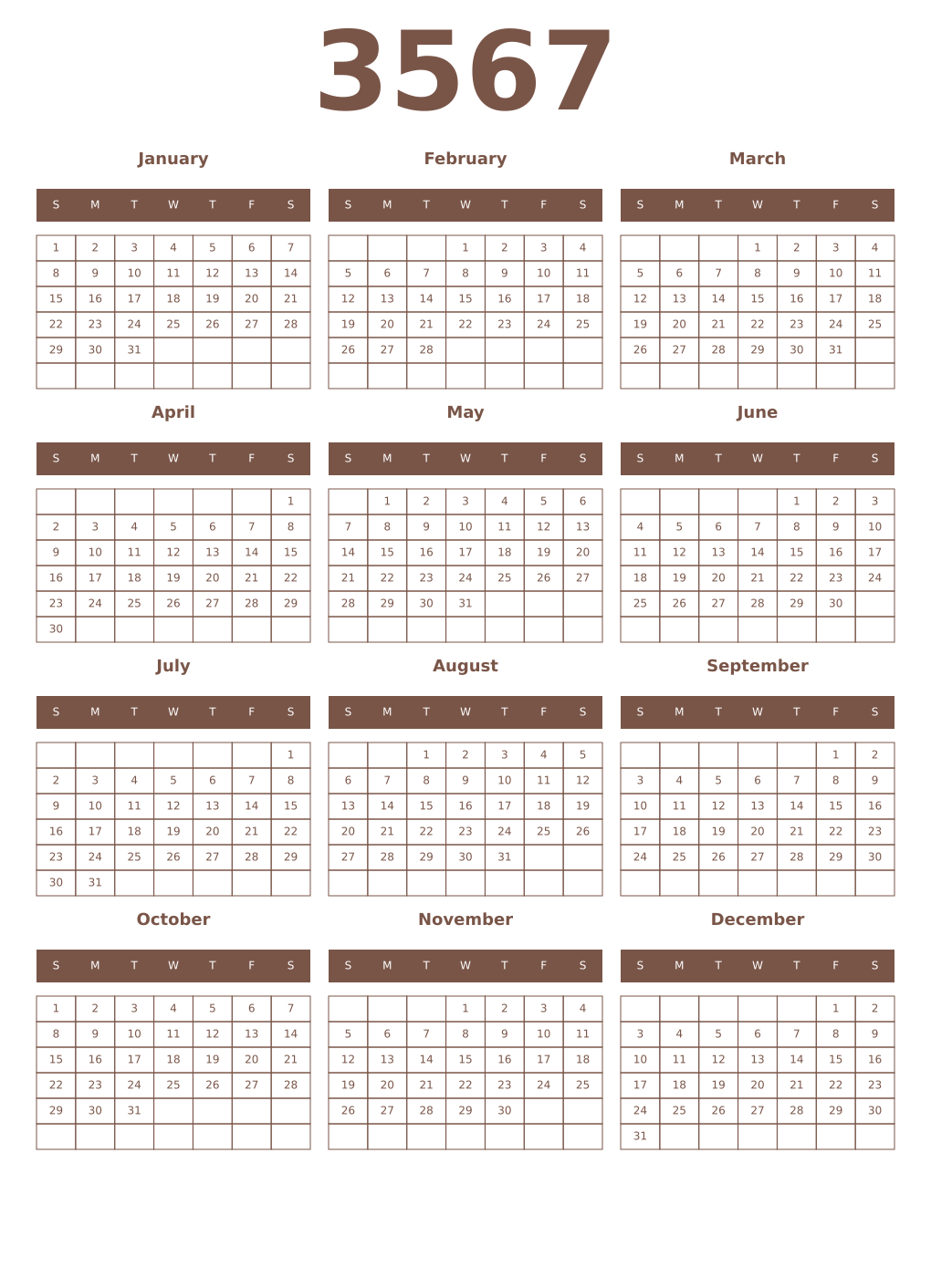 Printable 3567 Year Calendars coffe