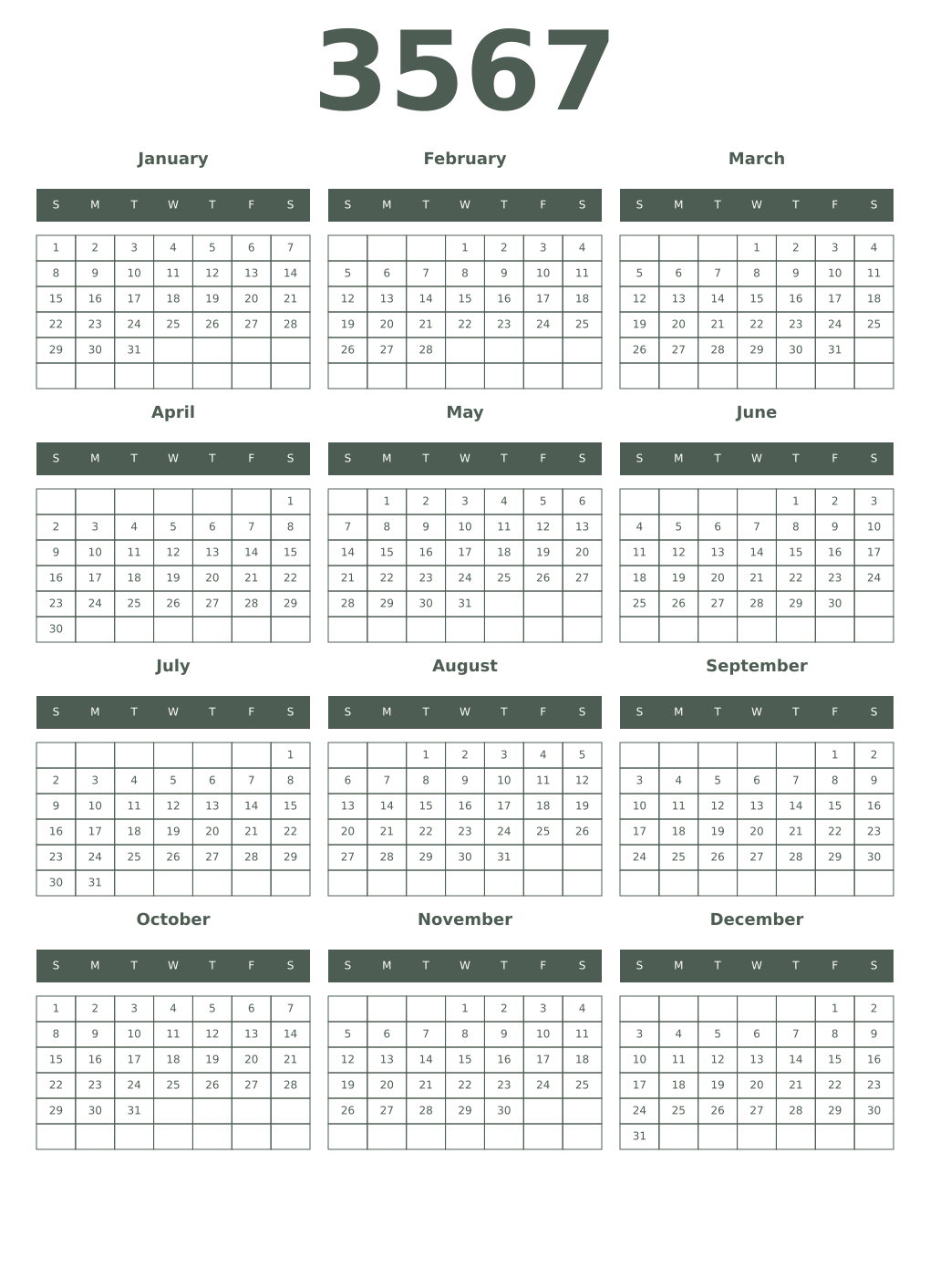 Printable 3567 Year Calendars feldgrau