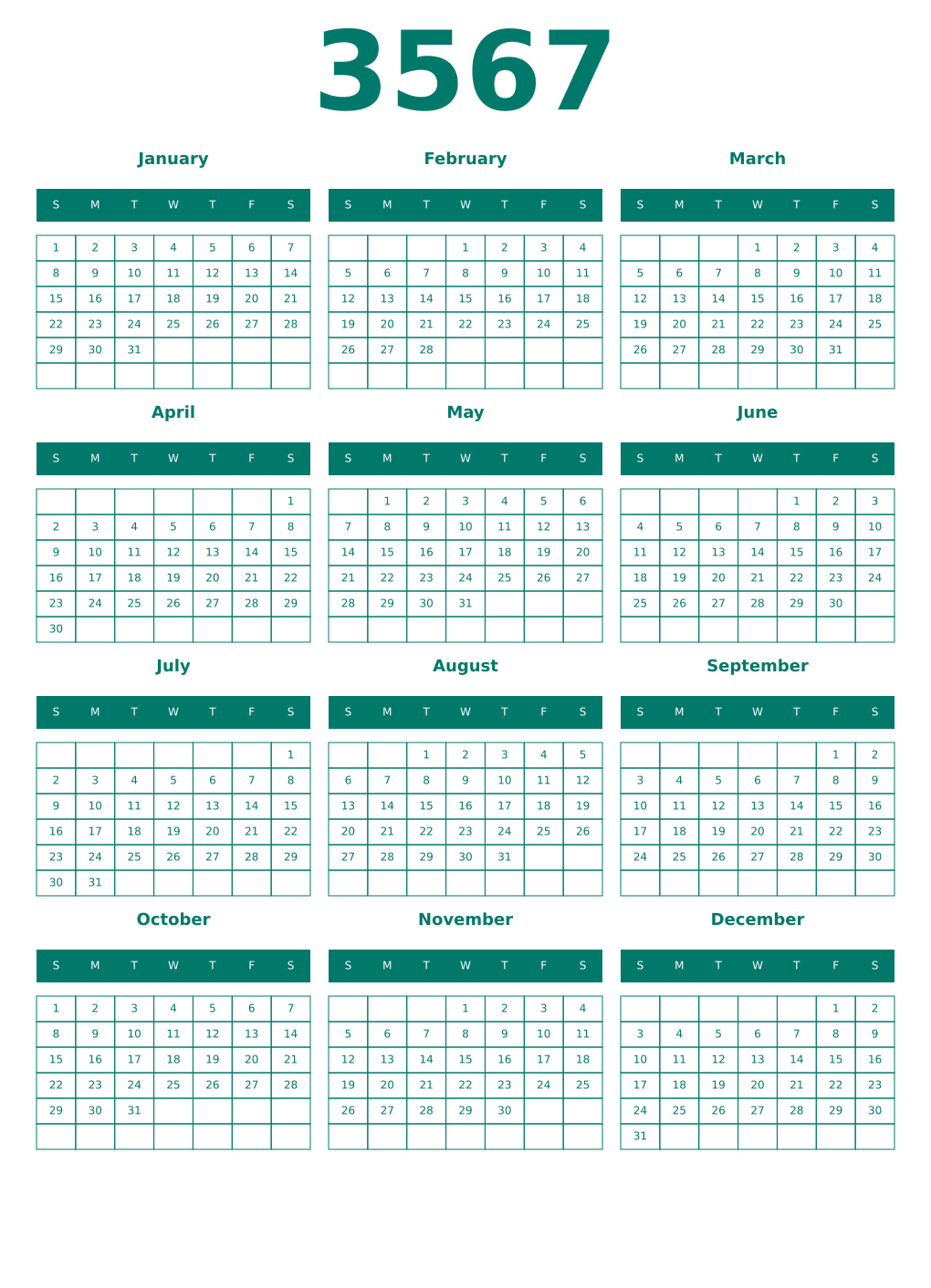 Printable 3567 Year Calendars pastel