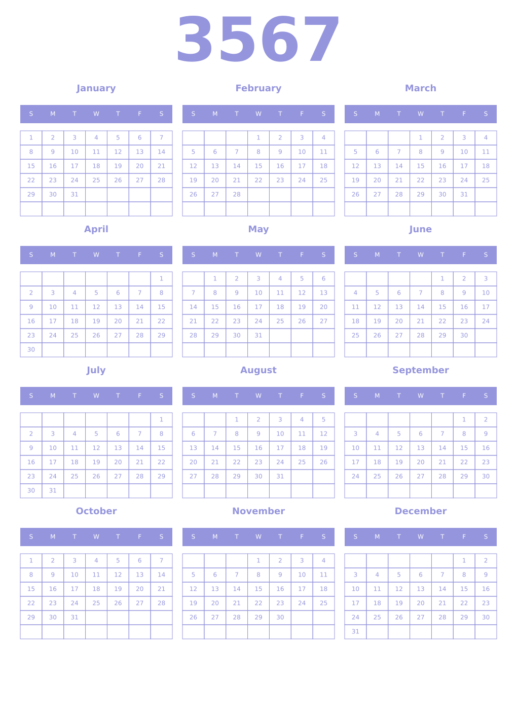 Printable 3567 Year Calendars periwinkle