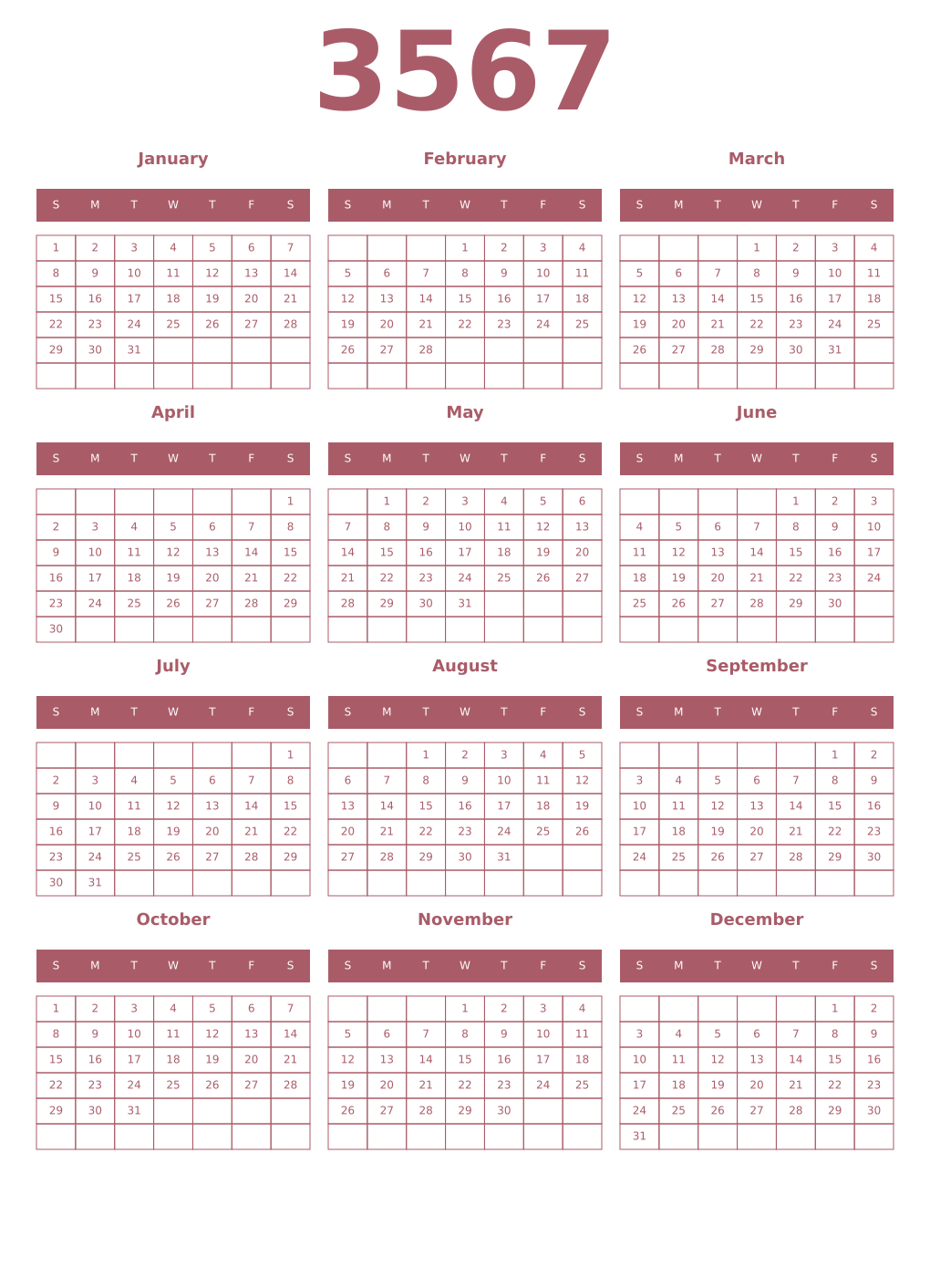 Printable 3567 Year Calendars puce