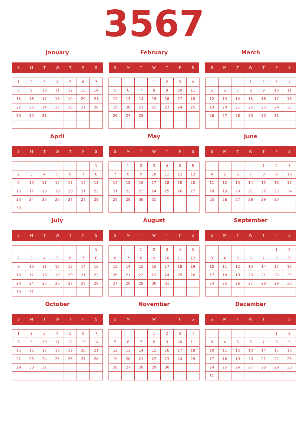 Printable 3567 Year Calendars red