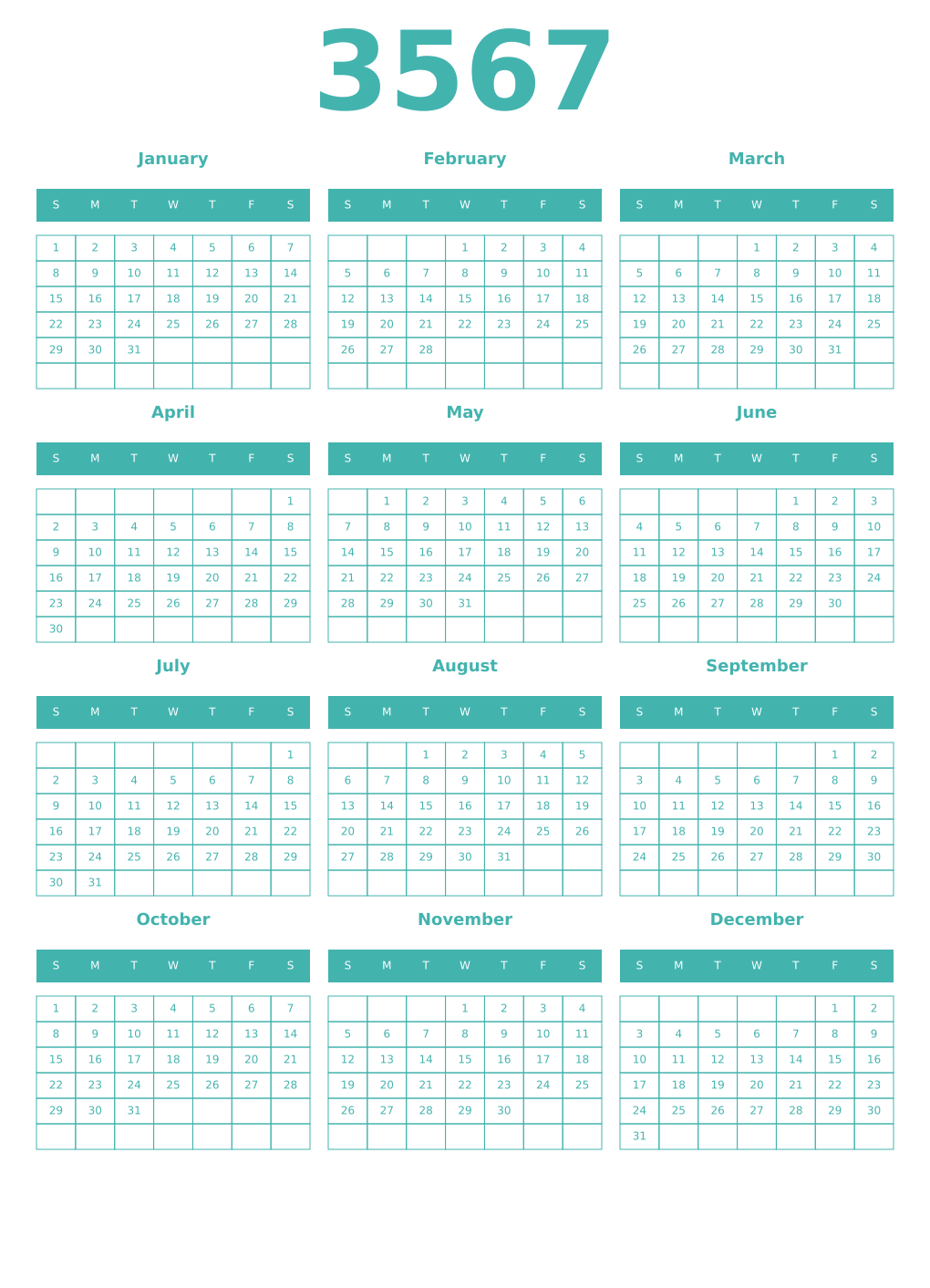 Printable 3567 Year Calendars verdigris