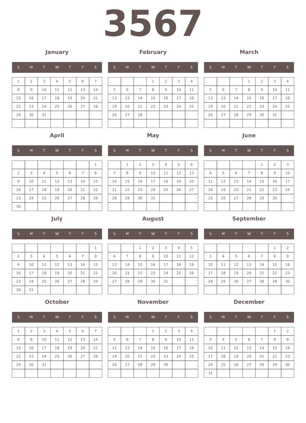 Printable 3567 Year Calendars wenge