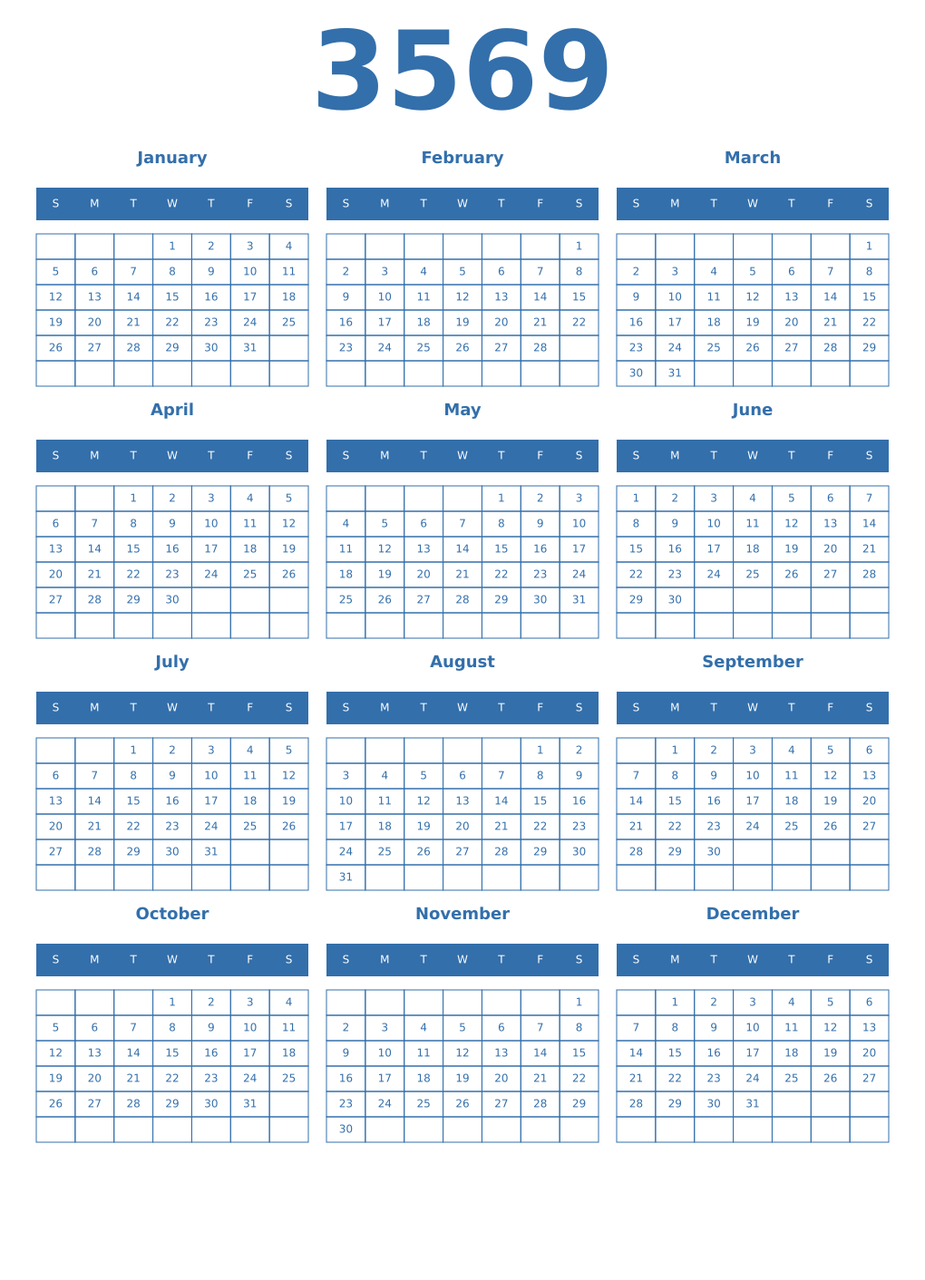 Printable 3569 Year Calendars blue