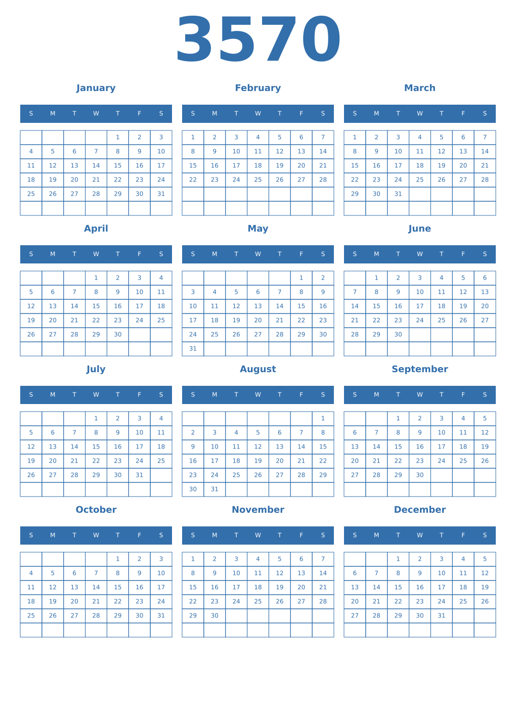 Printable 3570 Year Calendars blue