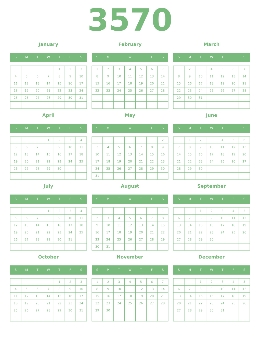 Printable 3570 Year Calendars celadon