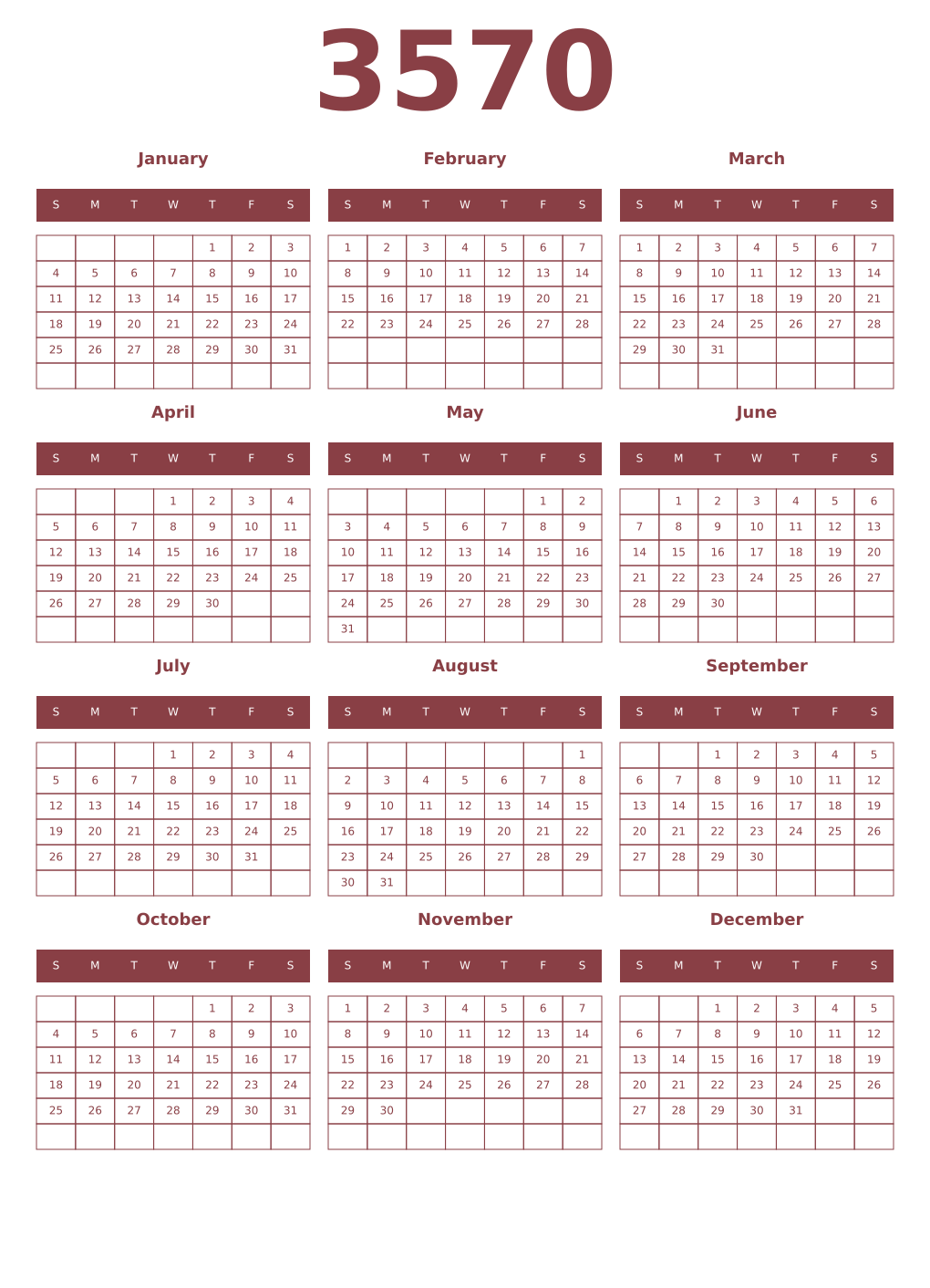 Printable 3570 Year Calendars cordovan