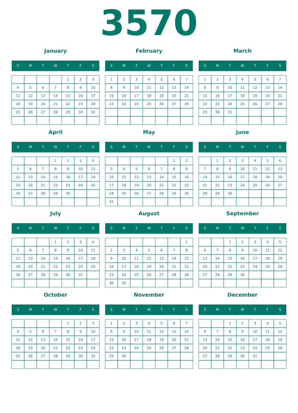 Printable 3570 Year Calendars pastel
