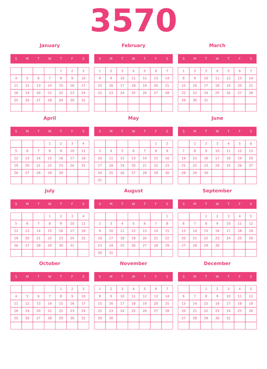 Printable 3570 Year Calendars pink