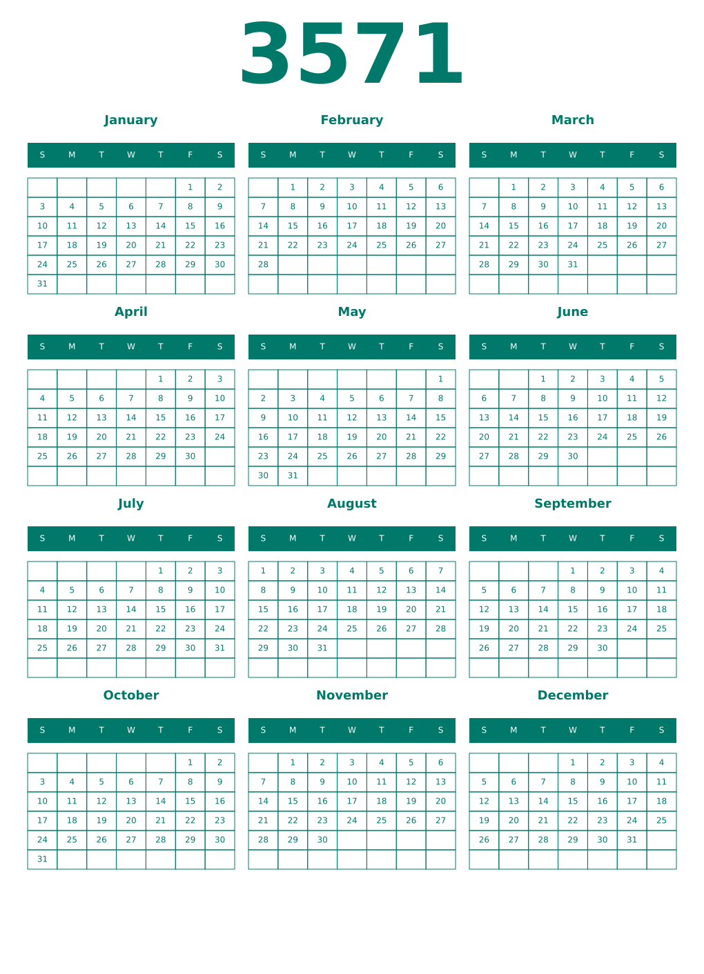 Printable 3571 Year Calendars pastel