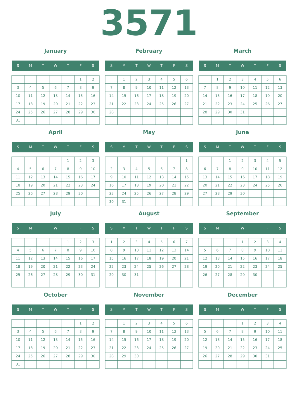Printable 3571 Year Calendars viridian