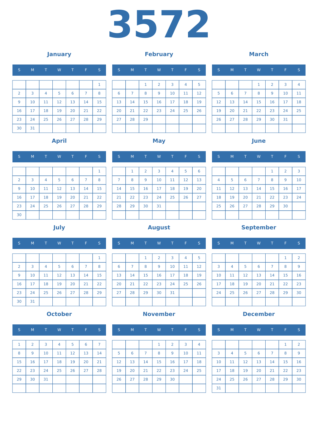Printable 3572 Year Calendars blue