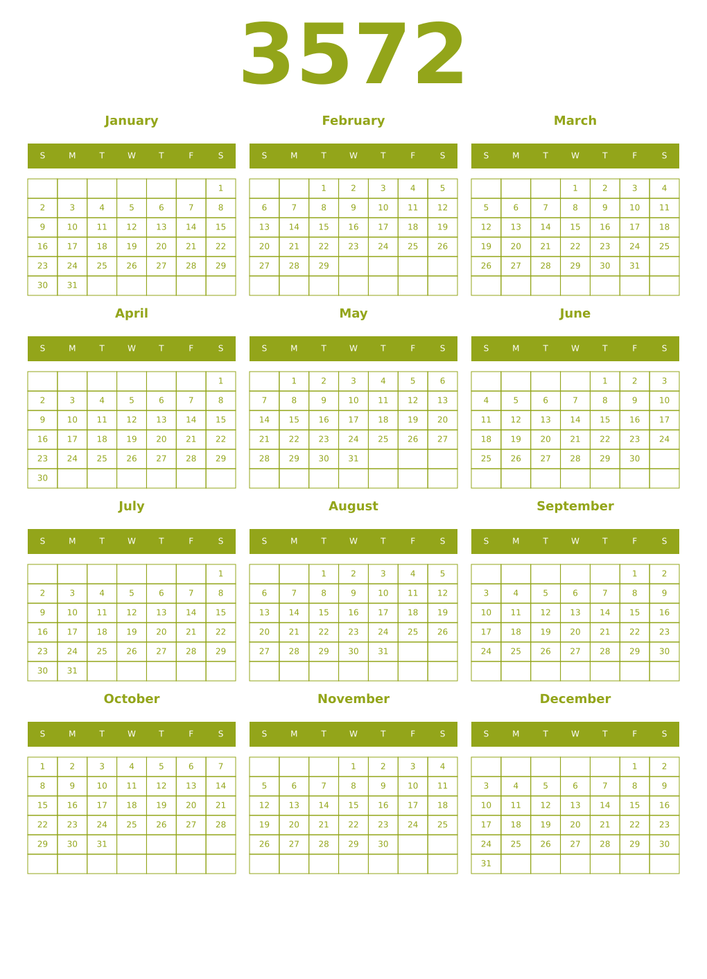Printable 3572 Year Calendars chartreuse