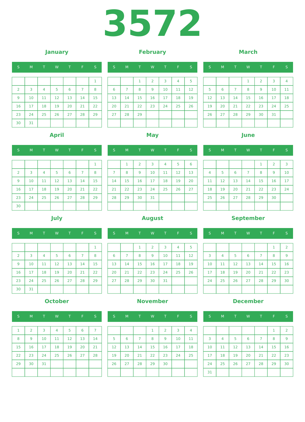 Printable 3572 Year Calendars green