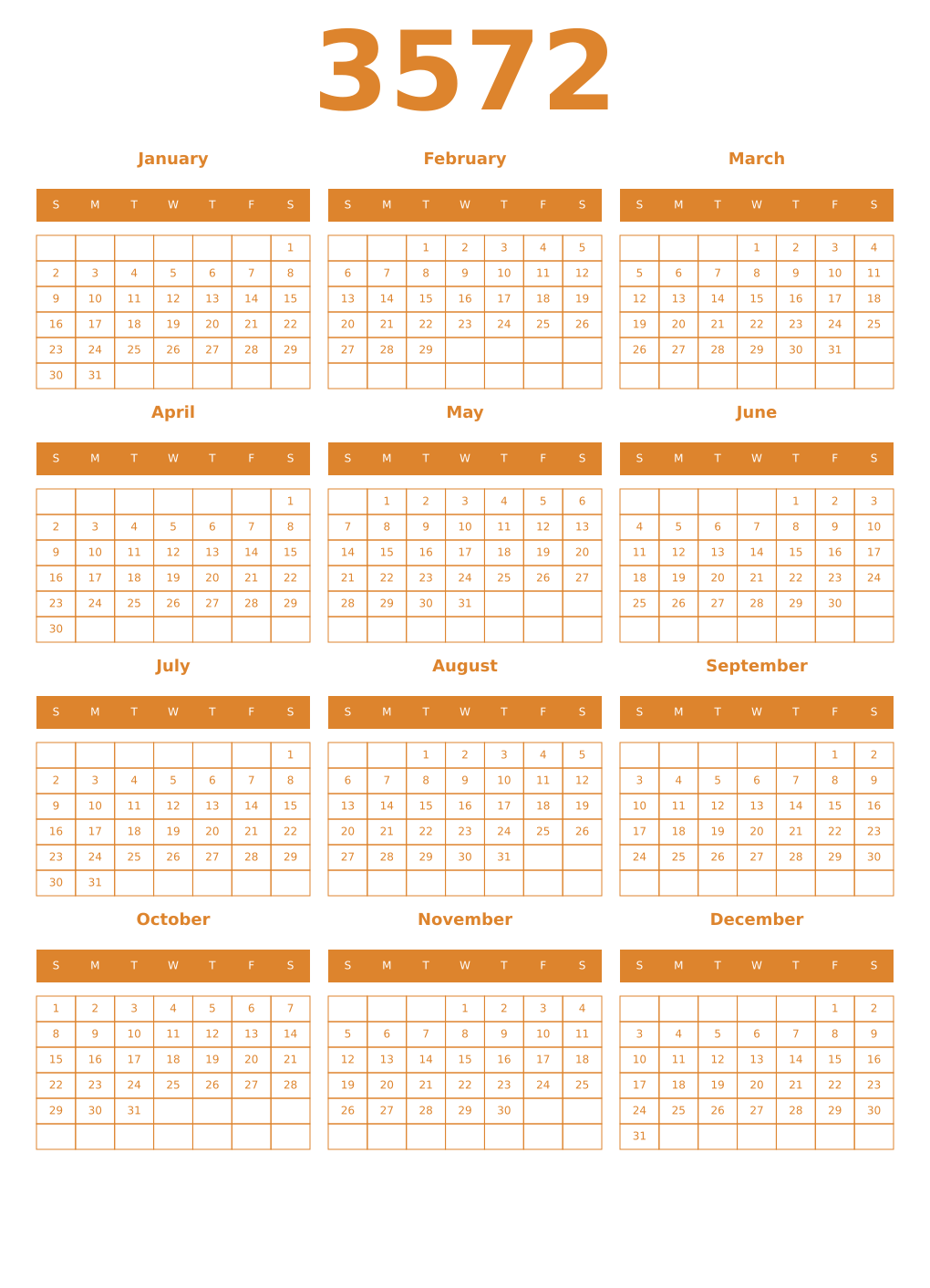 Printable 3572 Year Calendars orange