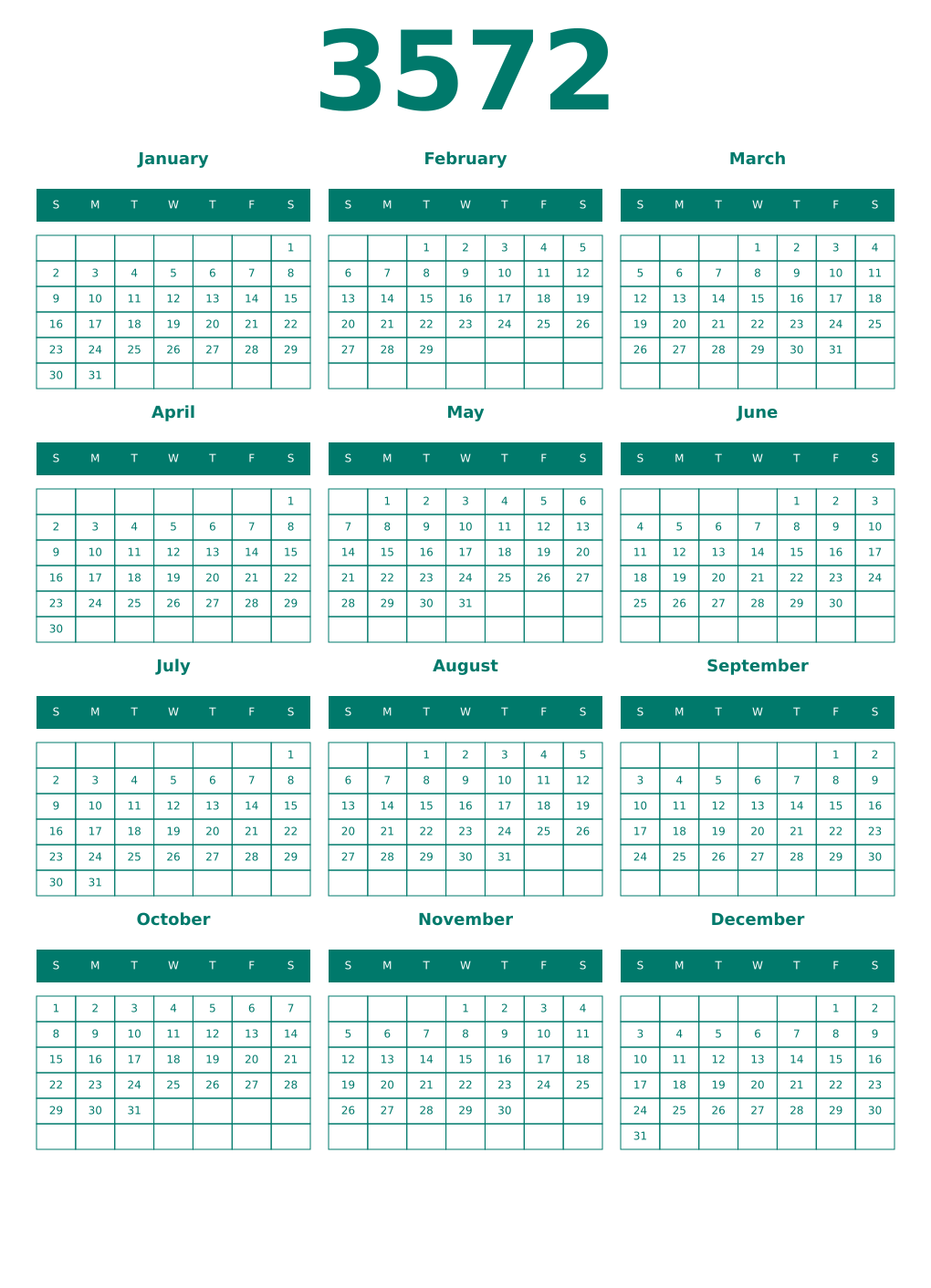 Printable 3572 Year Calendars pastel