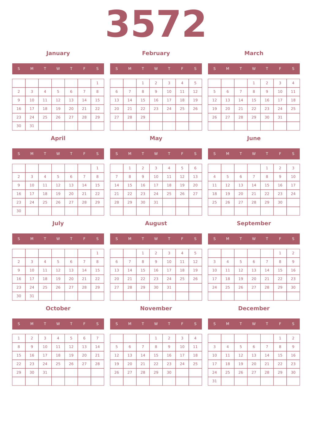 Printable 3572 Year Calendars puce