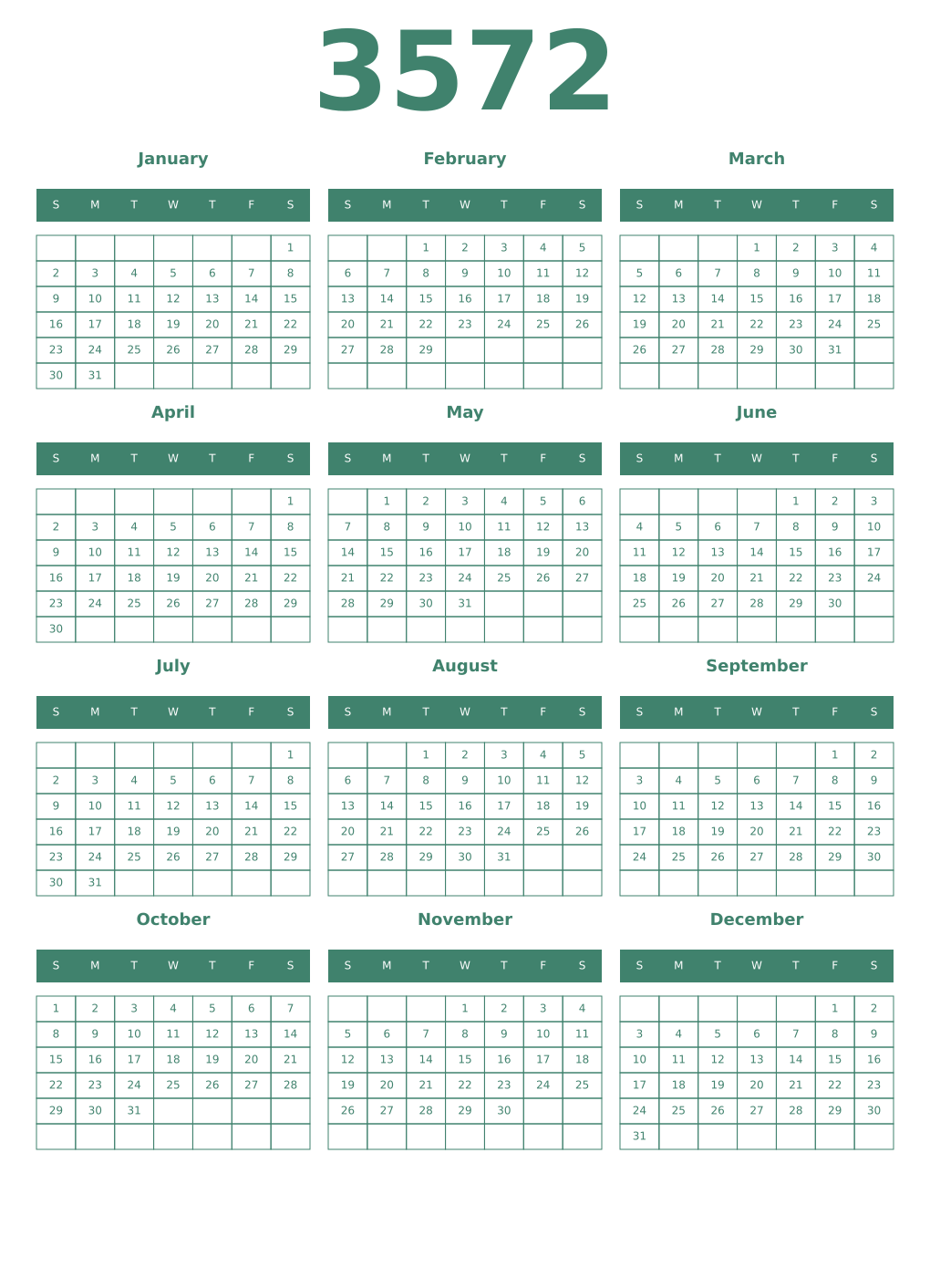 Printable 3572 Year Calendars viridian