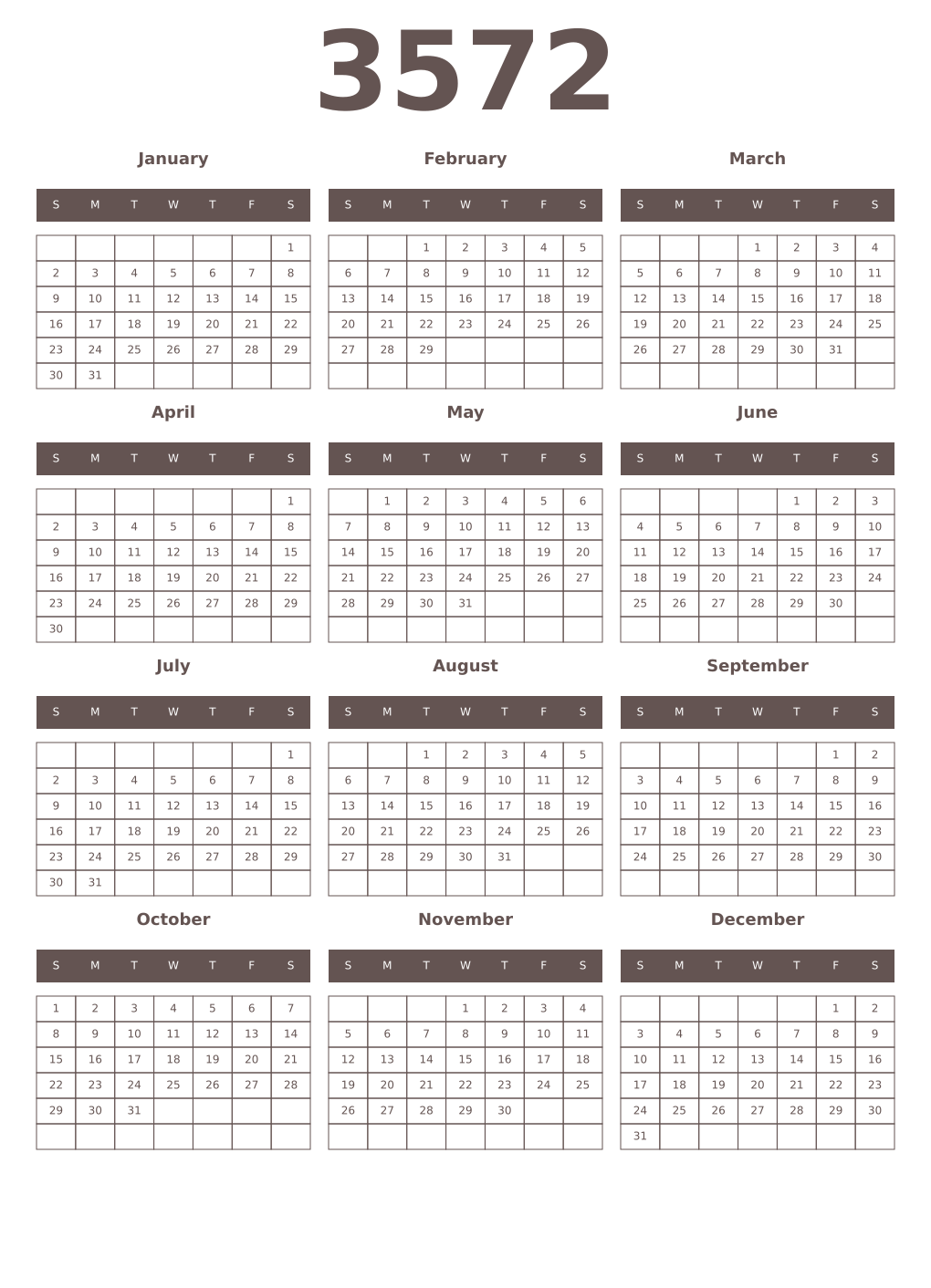 Printable 3572 Year Calendars wenge