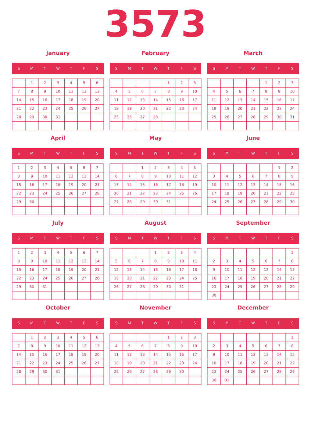 Printable 3573 Year Calendars amaranth