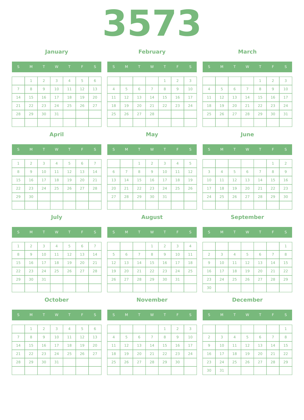 Printable 3573 Year Calendars celadon