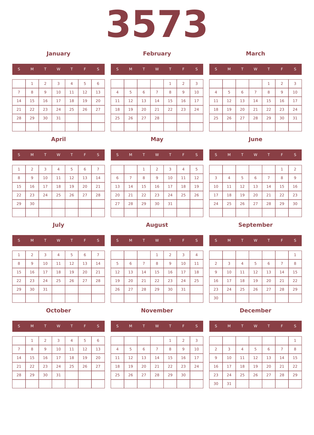 Printable 3573 Year Calendars cordovan