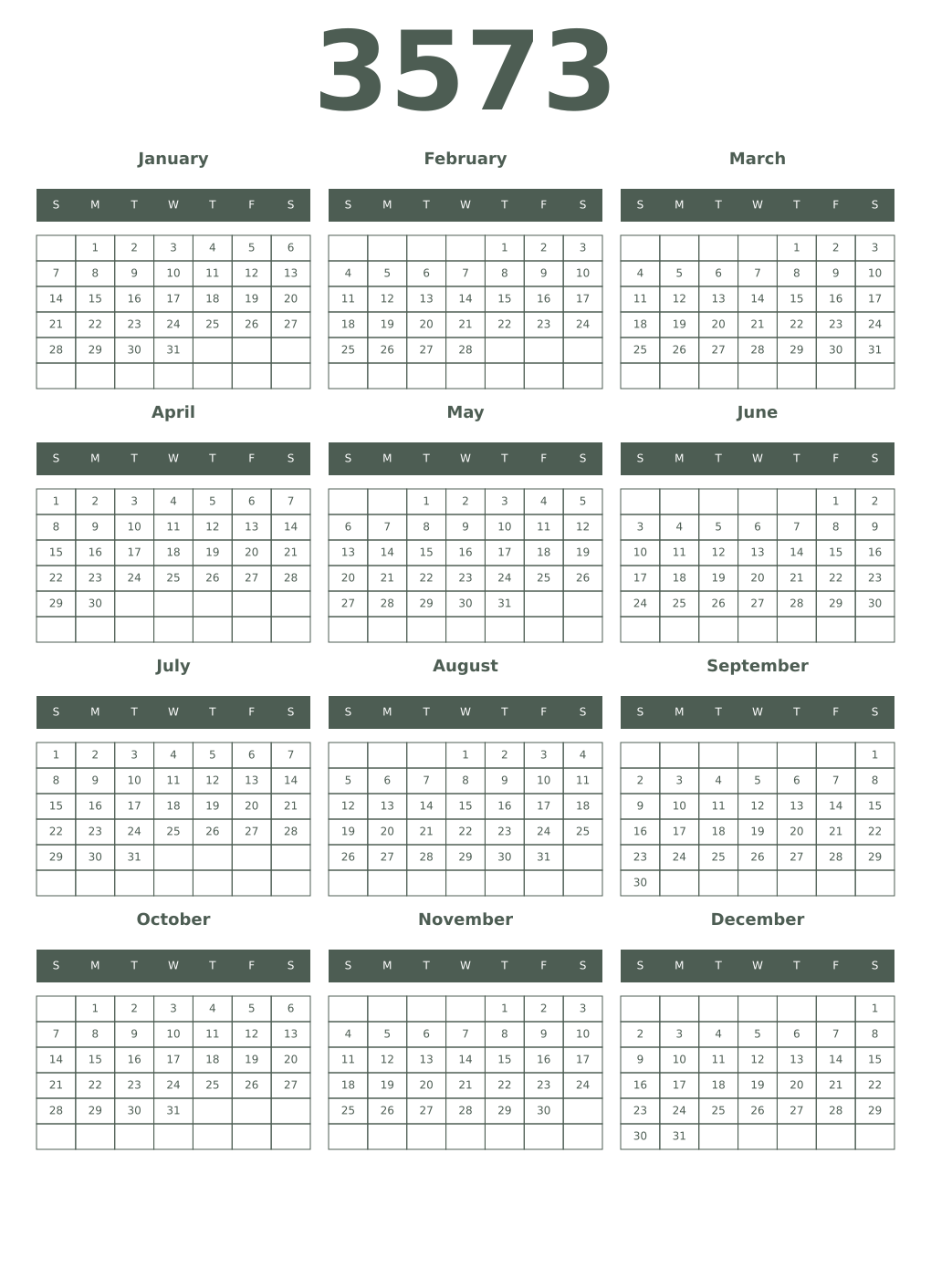 Printable 3573 Year Calendars feldgrau
